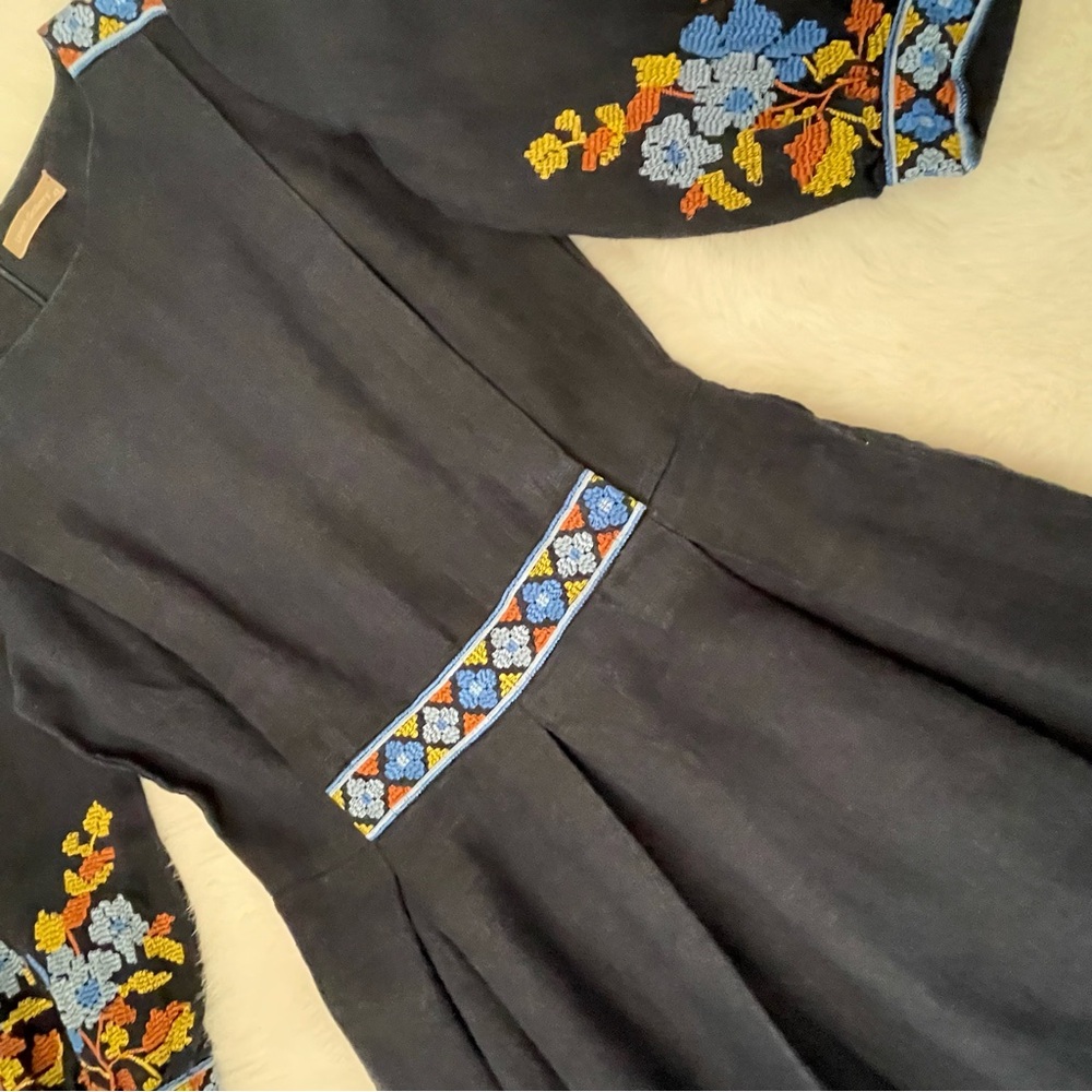 Linen Gallery Navy Blue Embroidered Midi Prairie Dress - Picture 16 of 16